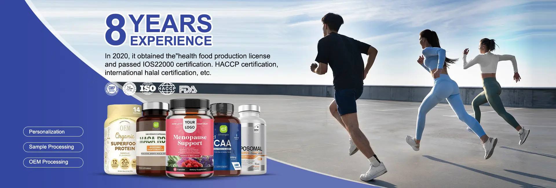 A man and two women running, with a display of our supplement products, quality certifications and two decades of manufacturing experience