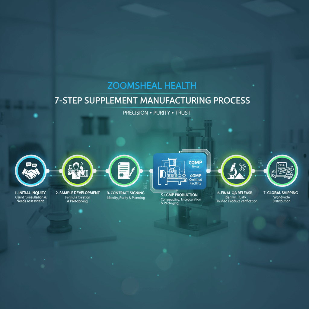 Processus cGMP en 7 étapes de Zoomsheal Health : Parcours de fabrication de compléments alimentaires OEM/ODM